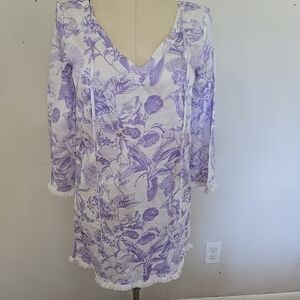 Persifor Cotton Purple White Floral Dress Long Sleeves Short M